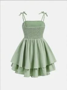 SHEIN Girlism Cô gái tuổi teen dệt bong bóng màu rắn vải xếp đôi Hem Swing Cami Dress - Màu xanh Bạc hà - Xem 2