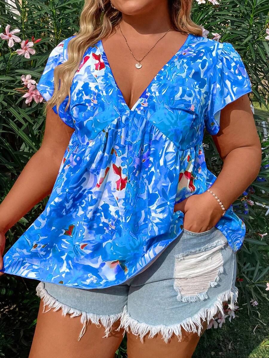 Flirla 植物印花加大號深v領襯衫 - 藍色 - 查看 1