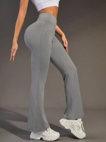 SHEIN Sports Cross High Waist Flared Sports Pants - Grey - View 5