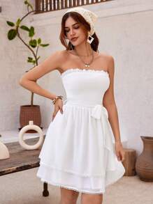 GENKIRA Strapless Ruffle Trim Cinched Waist Multi-Layer Cake Hem Lace Patchwork Mini Dress - White - View 5
