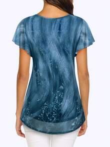 CheersLife 女性短袖束腰上衣花卉雙層休閒正式襯衫