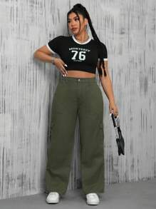 SHEIN ICON 大码女式绿色牛仔工作裤