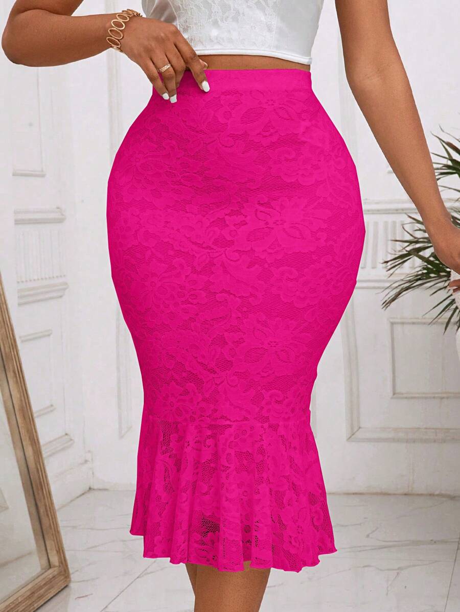 SHEIN Clasi Falda De Sirena De Encaje Para Mujer - Rosa Fucsia - Ver 1