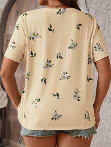 SHEIN LUNE Kích thước lớn Của phụ nữ Mùa hè In hoa Vòng cổ Ngắn tay Giải trí Áo thun - Màu Khaki - Xem 2