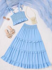 女款藍色綁領上衣和多層荷葉邊裙子套裝 - 藍色 - 查看 2