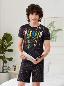 Teen Boy Splatter Paint Letter Printed Short Sleeve T-Shirt And Shorts Casual 2pcs Homewear Set For Summer - Black - View 3