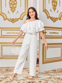 SHEIN Tween Girls Loose Cute Vacation Ruffle Trimmed Long Jumpsuit - White - View 4