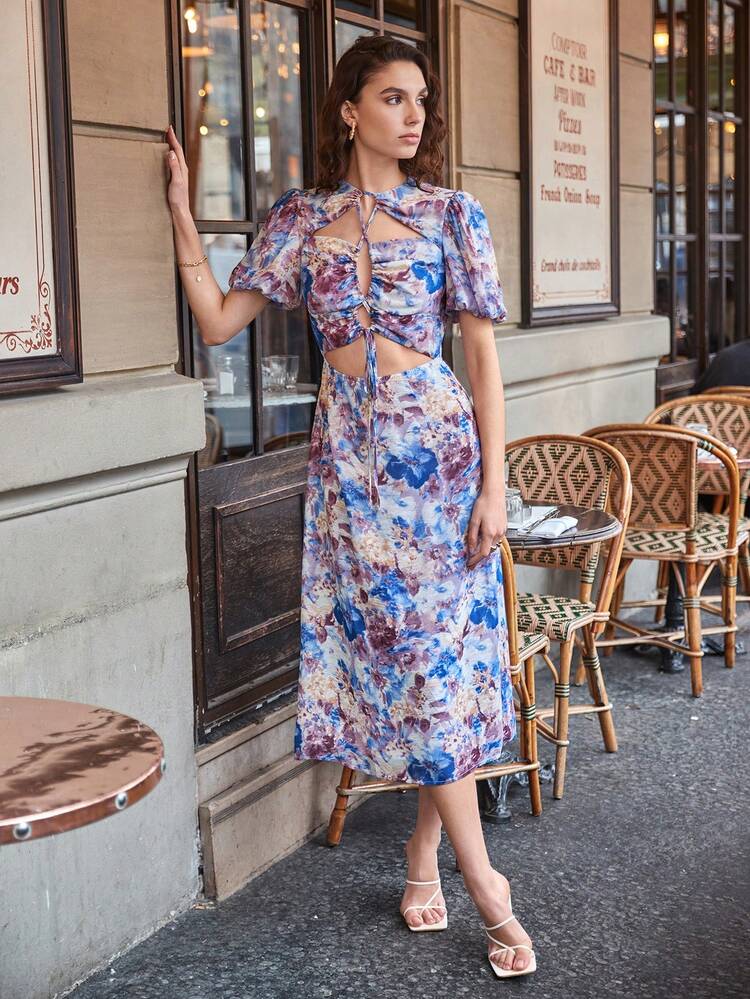 Cross Strap Hollow Out Bubble Sleeve Floral Print Dress For Vacation Summer Flower Beach