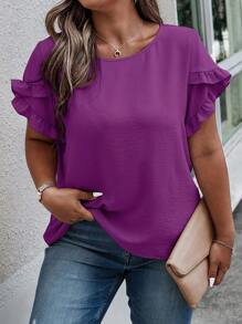 SHEIN LUNE Camiseta De Talla Grande Con Dobladillo De Volantes Y Cuello Redondo Manga Corta Para El Verano