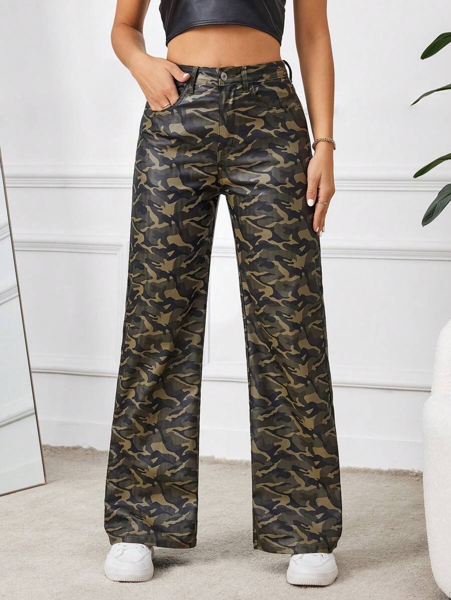 Women's Fashionable Camouflage Printed Straight Leg Pants For Casual Wear Fall Cloth For Women - Multicolor - View 1