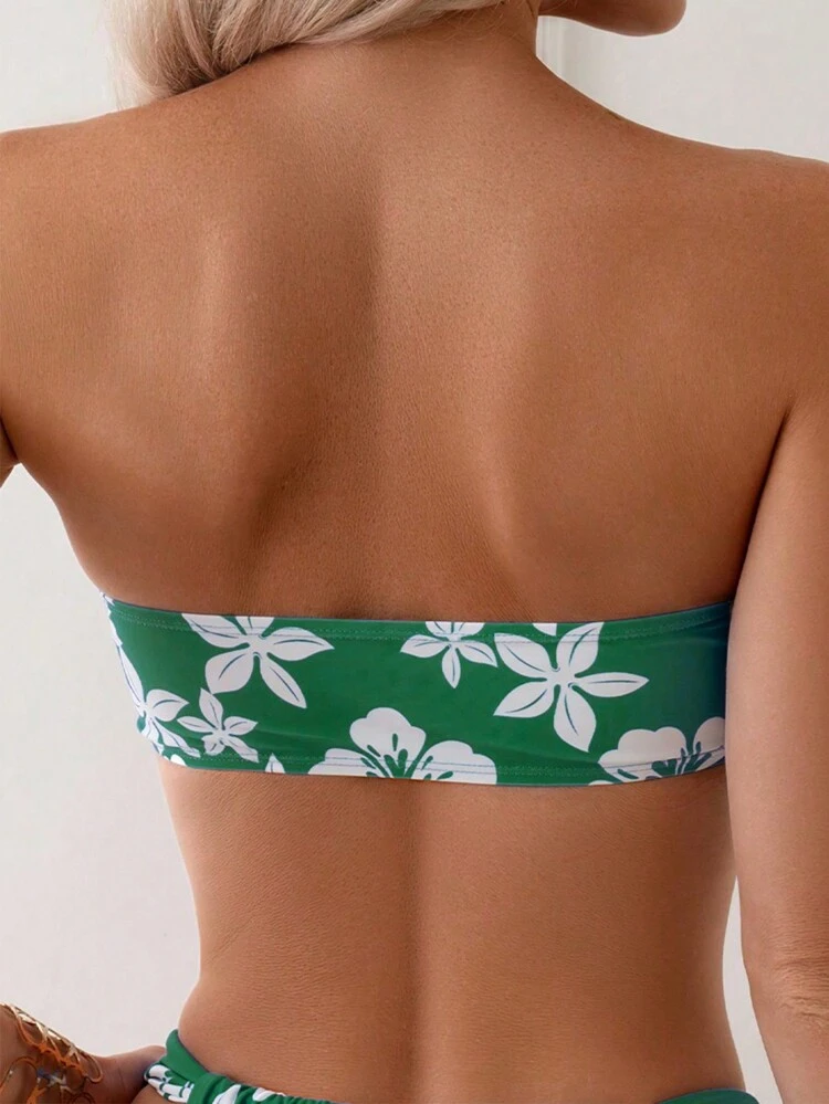 Women's Floral Printed Twist Front Bandeau Bikini Set, Vacation Style Summer