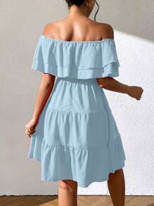 Calvaya Women's Summer Solid Color Ruffled Off Shoulder Dress With Asymmetric Hemline
