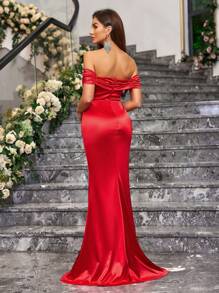 SHEIN Belle Vestido de dama de honor con corte lateral y escote descubierto de unicolor para boda, vestido de gala para mujer - Rojo - Ver 2