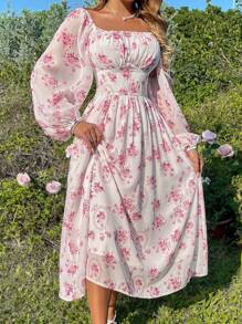 Breezaya Women's Off Shoulder Chiffon Printed French Elegant Dress, Suitable For Summer Maxi Vacation Beach Outfit - Pink - View 4