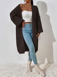 Women's Minimalist Solid Color Drop Shoulder Long Sleeve Long Cardigan