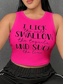 CovetEZ Plus Size Round Neck Letter Printed Tank Top, I LICK The Salt SWALLOW The Tequila AND SUCK The Lime - Hot Pink - View 3