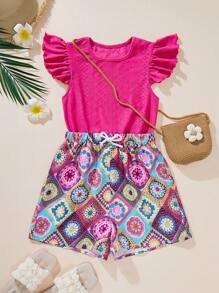 SHEIN Teen Girls Casual Holiday Round Neck Long Lace Trim Shirt & 7/8 Pants Set