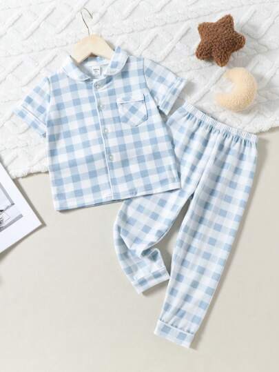 Baby Boys' Cute Blue & White Checkered Print Short Sleeve Shirt And Pants Casual 2 Pieces Pajama Set, For Christmas