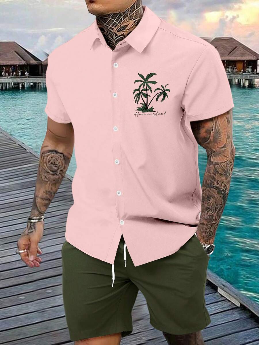 Manfinity RSRT Men's Summer Vacation Style Palm Trees & Letter Print Short Sleeve Shirt And Shorts Casual 2pcs/Set - Pink - View 1