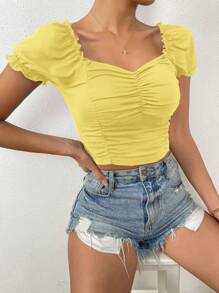 Chiquease Women's Summer Sweetheart Neckline Short Puff Sleeve Slim Fit T-Shirt With Frill Trim - Yellow - View 4