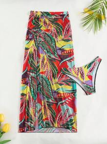 SHEIN Swim Conjunto de 2 piezas de bikini de verano para mujeres: braga de bikini con estampado tropical aleatorio de hojas, tanga triangular y falda de playa larga con cordón - Multicolor - Ver 7