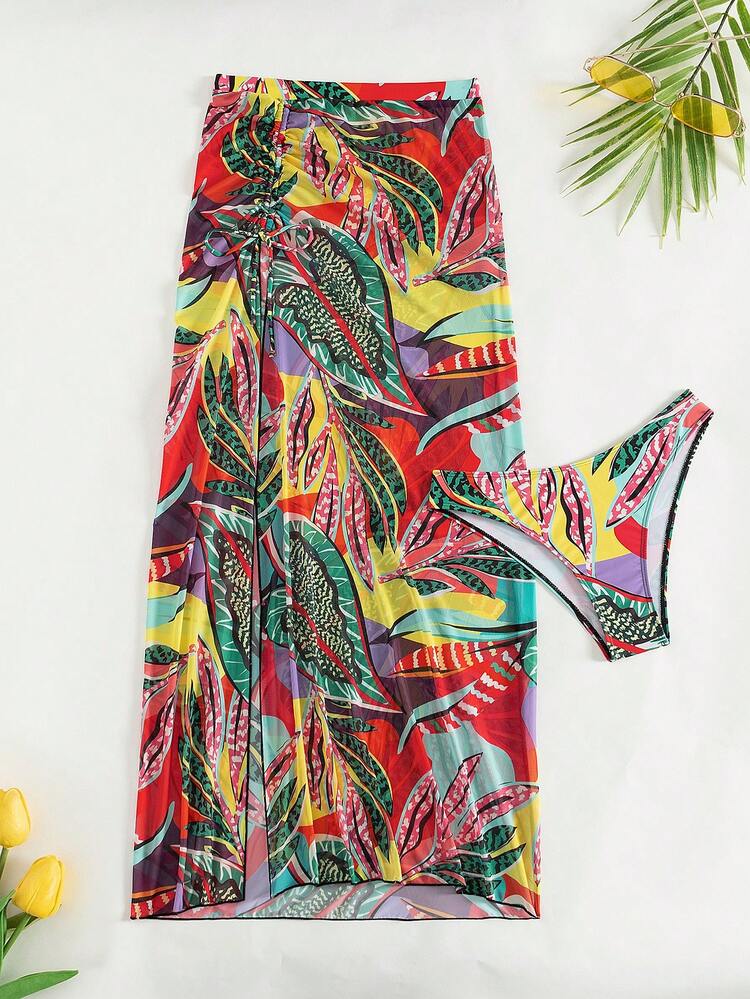 Summer Women's Bikini Bikini Bottom, Random Printed, Tropical Leaf Triangle Briefs, Long Drawstring Beach Skirt, 2pcs/Set