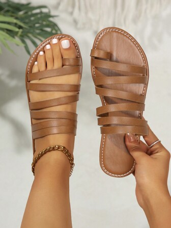 Women's Flat Slip-On Slides, Toe-Ring Woven Strap Sandals, Casual Beach Sandals