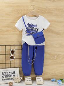 寶寶女孩夏日休閒學院風度假車印花短袖襯衫,配有鏈條和袋子的連身褲 - 彩色 - 查看 3