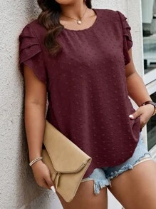 Nubod Plus Size Short Sleeve Round Neck Blouse For Summer - Burgundy - View 3