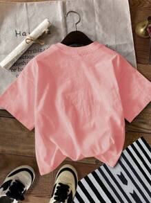 SHEIN Niña preadolescente camiseta casual de manga corta con estampado de conejo y letras, adecuada para el verano