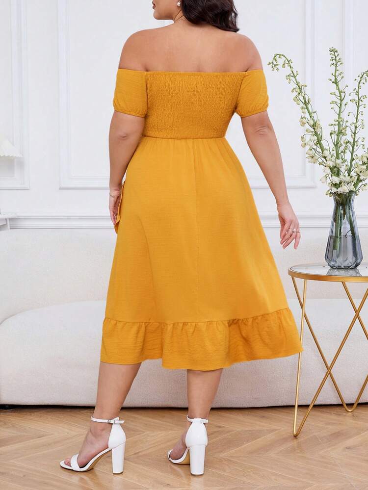 Elegant Plus Size Women Dress With Off Shoulder Design And A-Line Fit, Asymmetrical Hem Sun Dress In Ginger Yellow Color, Suitable For Summer Travel, Outings And Beach Vacation.