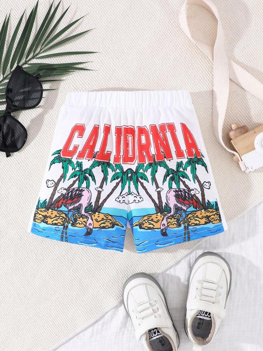Baby Boy's Vacation Style Letter & Palm Tree Printed Casual Shorts - White - View 1