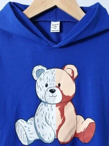 SHEIN Toddler Boys' Comfortable Cartoon Bear Patterned Short Sleeve Hooded Top & Knitted Pants Set With Side Color Block Stripes For Casual Outfit