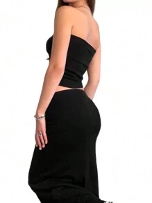 INAWLY Women's Strapless Solid Color Minimalist Top And Skirt Set