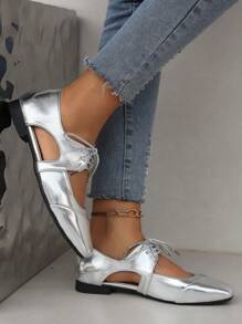女士時尚露指方頭系帶平底鞋,舒適銀色軟底鞋 - 銀色 - 查看 5