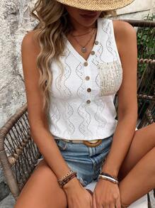SHEIN LUNE Women's Summer Button Decorated Sequin Patchwork V-Neck Tank Top With Pockets