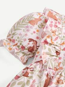 Conjunto de 2 piezas para bebé niña: vestido de cuello redondo con estampado de dibujos animados de plantas, con volantes y mangas abullonadas