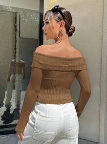 SHEIN Unity Ladies' Fashionable Solid Color Off Shoulder Top With Creative Strap Detail, Knit Pullover Fall Winter - Brown - View 2
