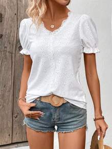 SHEIN LUNE Women's Lace Splice Short Puff Sleeve T-Shirt