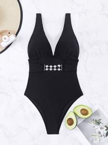 SHEIN Swim Women's Plain Deep V-Neck Swimsuit With Rhinestone Decor, Perfect For Summer, Beach, Pool - Black - View 3