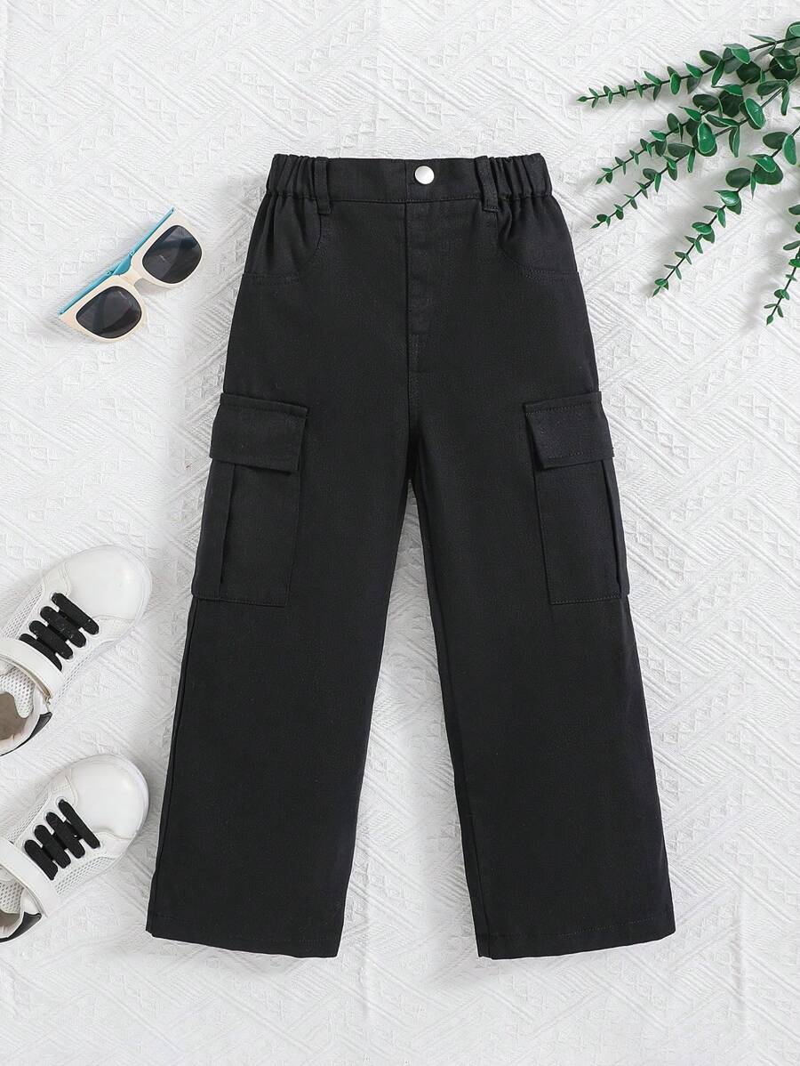 SHEIN 少女四季百搭時尚甜美涼爽寬腿丹寧連身褲,大口袋設計 - 黑色 - 查看 1