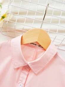 SHEIN Tween Girl Woven Solid Color Cute Cat Pattern Loose Casual Shirt - Baby Pink - View 4