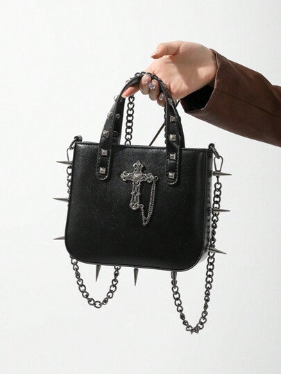 Handtasche im Punk-Stil mit Nieten & Totenkopf-Dekor-Kette für Frauen, modisches Nischen-Design, Steampunk, Goth, Tasche für Frauen, coole Mädchen Streetwear, perfekt für Musikfestivals, Konzerte