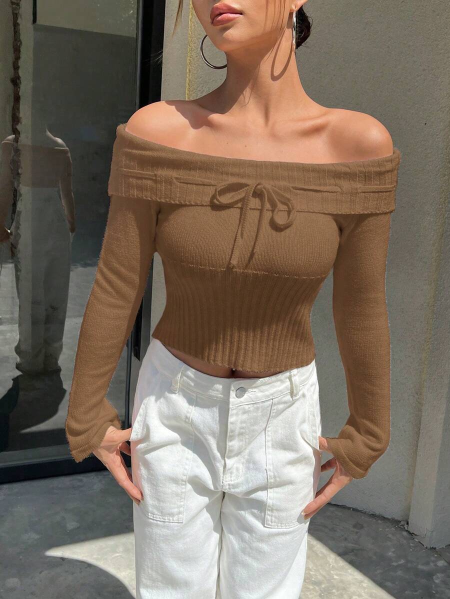 SHEIN Unity Ladies' Fashionable Solid Color Off Shoulder Top With Creative Strap Detail, Knit Pullover Fall Winter - Brown - View 1