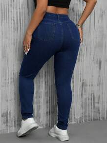 SHEIN EZwear Plus Size Women's Skinny Jeans With Distressed Ripped Design - Dark Wash - View 2