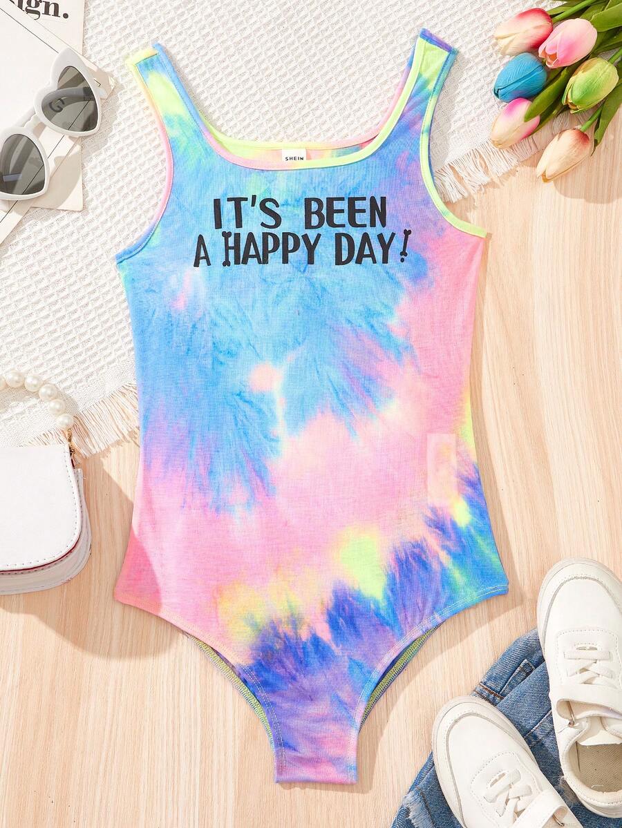 SHEIN Bộ áo liền quần in chữ ombre dệt kim của Tween Girl - Nhiều màu - Xem 1