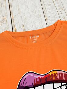 INAWLY 大尺寸女性嘴唇印花圓領短袖休閒t恤,夏季必備 - 橘色 - 查看 4