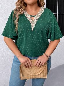 SHEIN LUNE Plus Size Ladies' Swiss Dot Lace Contrast Ruffle Sleeve Blouse - Green - View 6