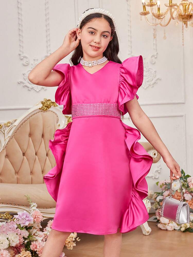 Tween Girls' Cute Round Neck Ruffle Trim & Rhinestone Decorated Mid-Length Dress