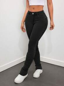 SHEIN ICON 女性低腰磨邊洗水細節牛仔褲